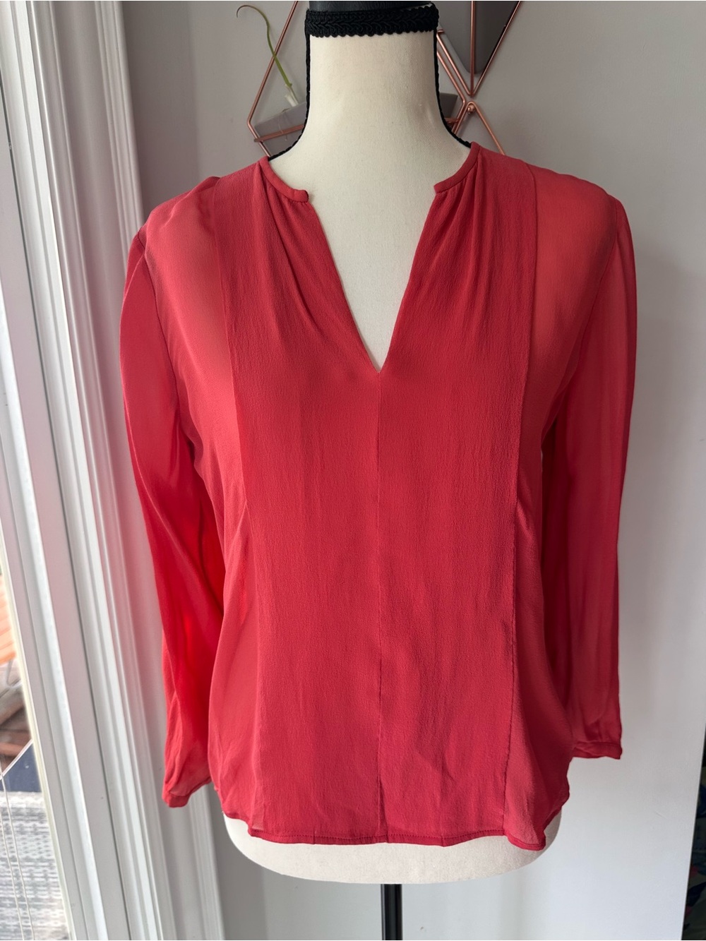 TORY BURCH SILK Pink Red V-Neck 3/4 Long Sleeve Blouse Shirt Top Size 6